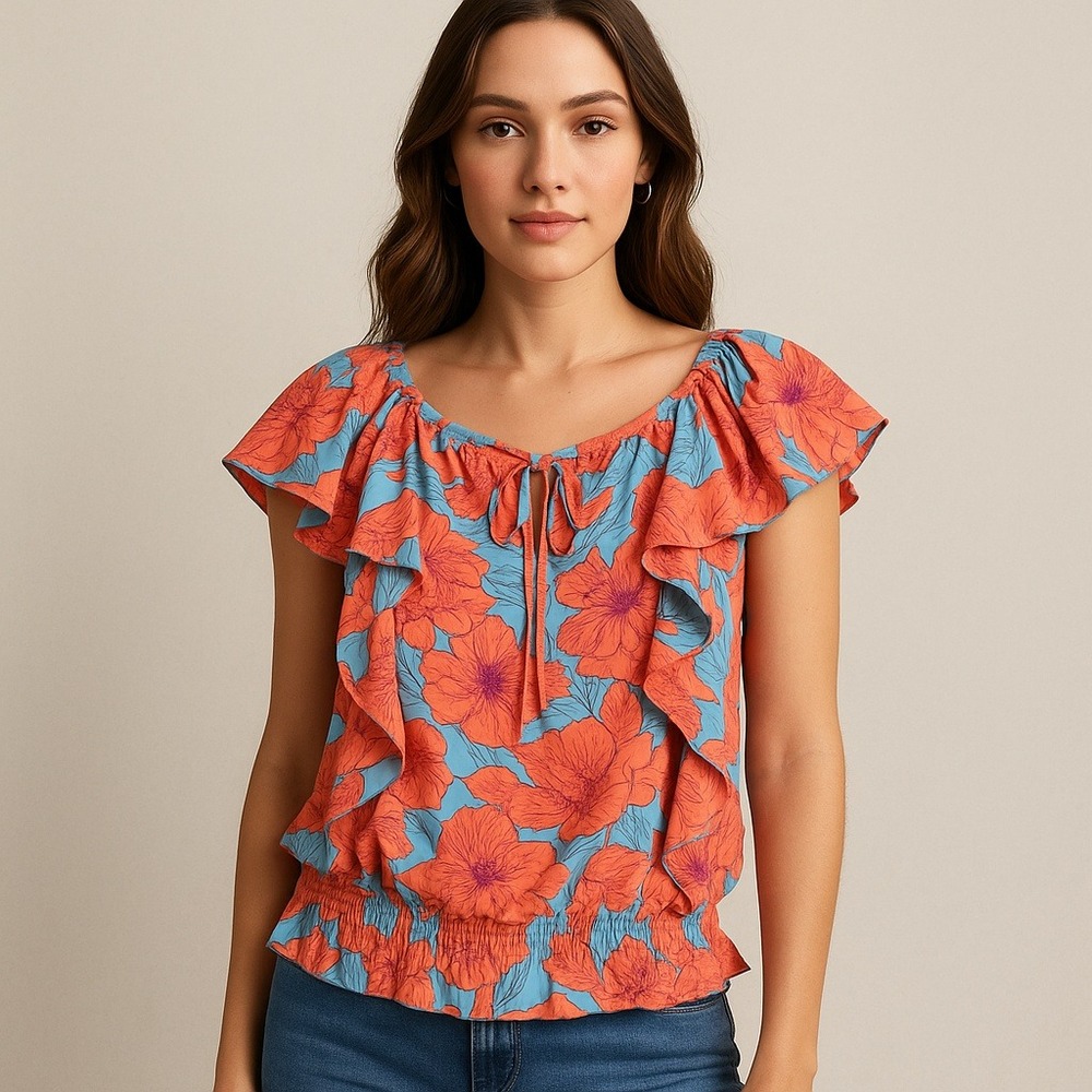 a.n.a Floral Flounce Blouse Tie Neck Cap Sleeve Coral Blue Sz S Butterfly Style